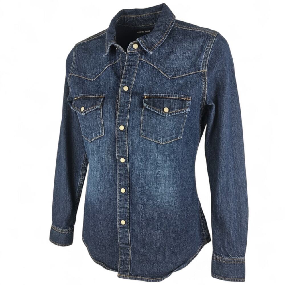 LUCKY BRAND Denim Western Pearl Snap Shirt Womens M Americana Ranchwear Rodeo